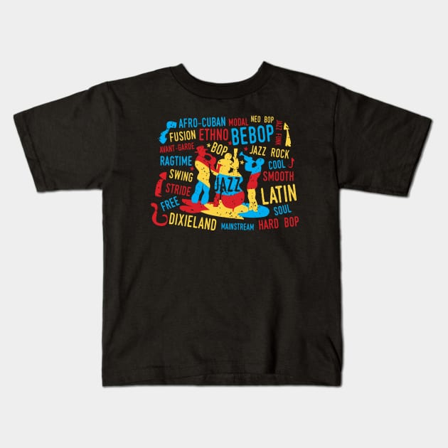 Colorful Jazz Theme with Jazz Genres Kids T-Shirt by jazzworldquest